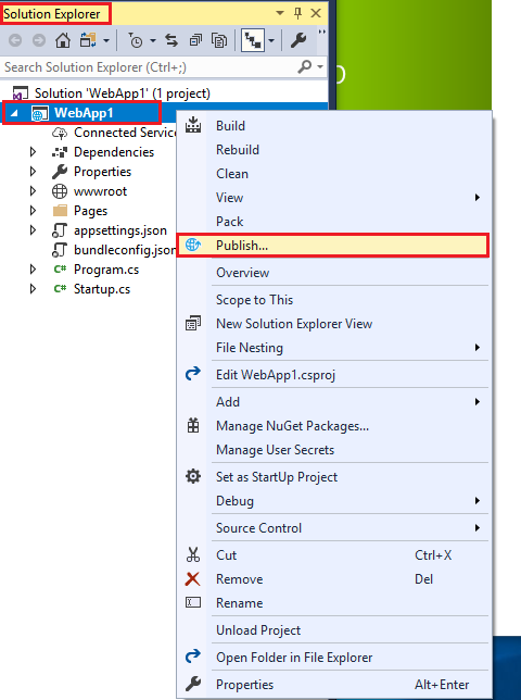 Screenshot of Solution Explorer new Web application right click menu with Publish highlighted 